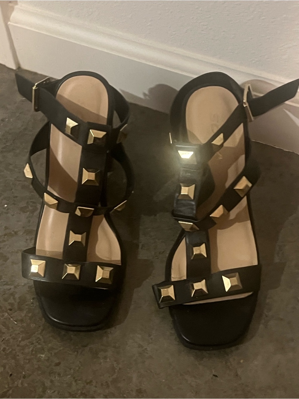 Soda Black Studded Strappy Sandals with Gold Studs